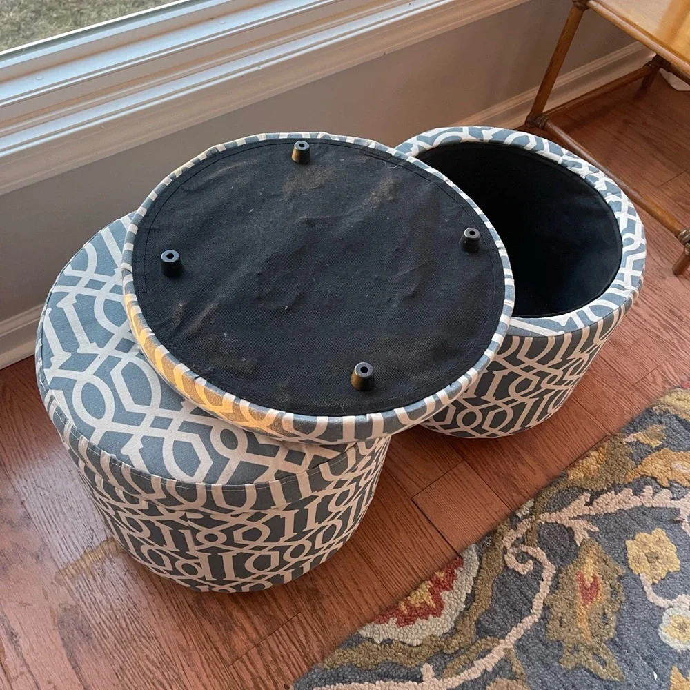 Blue and White Geometric ottomans with storage
